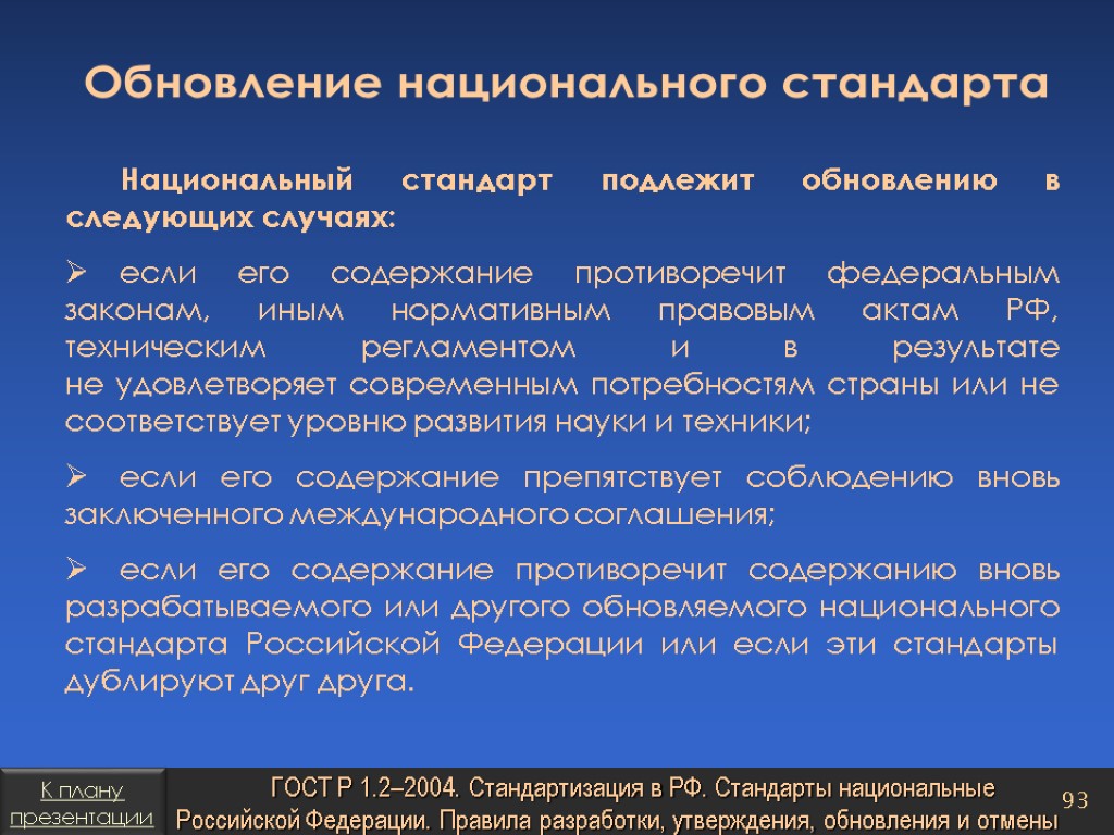 Обновление национального стандарта Национальный стандарт подлежит обновлению в следующих случаях: если его содержание противоречит